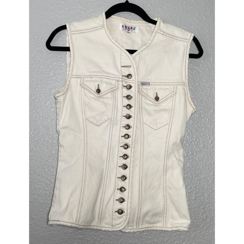 Vintage 80s Guess Denim Vest Jacket Women's Medium White Pearl‎ Buttons USA